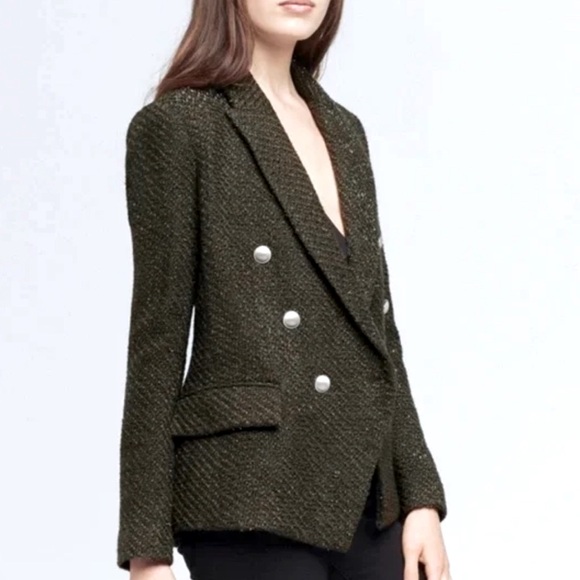 L'Agence Kenzie Metallic Grey Green Tweed Double Breasted Blazer - Picture 2 of 8